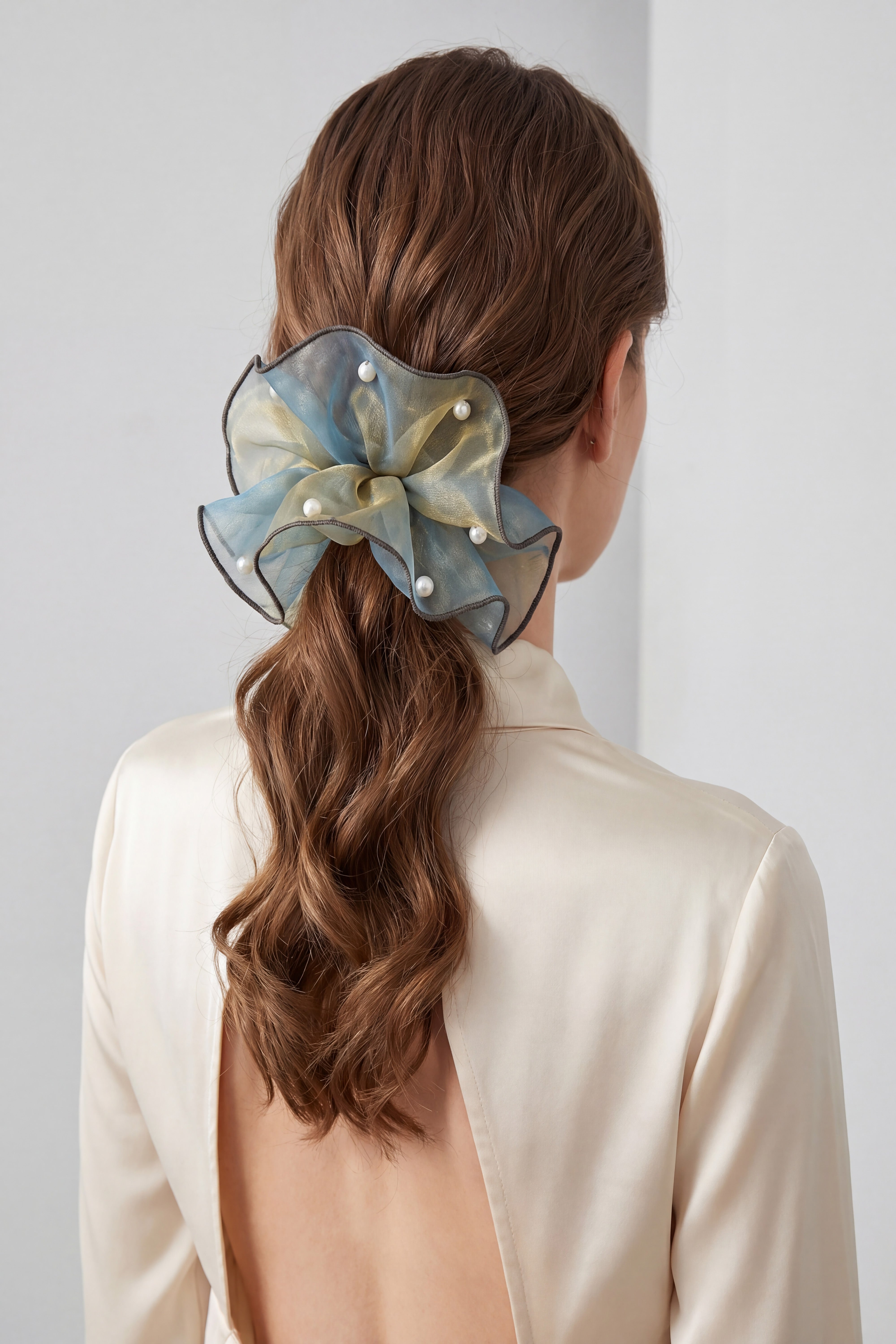 Organza Pearl Hair Scrunchie Oversized Ponytail HolderWith Box