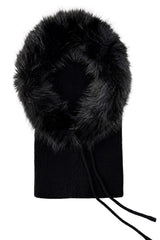 Women’s Faux Fur Trim Knitted Hood Scarf with Tie Fastening