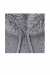 Women’s Faux Fur Trim Knitted Hood Scarf with Tie Fastening