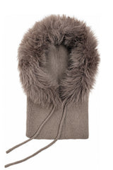 Women’s Faux Fur Trim Knitted Hood Scarf with Tie Fastening