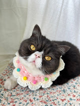 Pink cream crochet pet collar with pom poms, adjustable fit