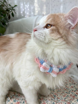 Handmade crochet pet collar scarf, pink blue cream bow bib