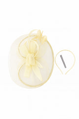 Women’s Mesh Disc Fascinator with Feather Trim, Loop Bow & Headband