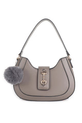 Women’s Curved Shoulder Bag with Pom Pom & Crossbody Strap