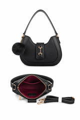 Women’s Curved Shoulder Bag with Pom Pom & Crossbody Strap