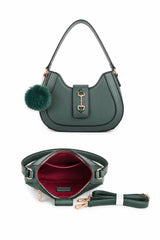 Women’s Curved Shoulder Bag with Pom Pom & Crossbody Strap