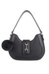 Women’s Curved Shoulder Bag with Pom Pom & Crossbody Strap