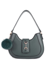 Women’s Curved Shoulder Bag with Pom Pom & Crossbody Strap