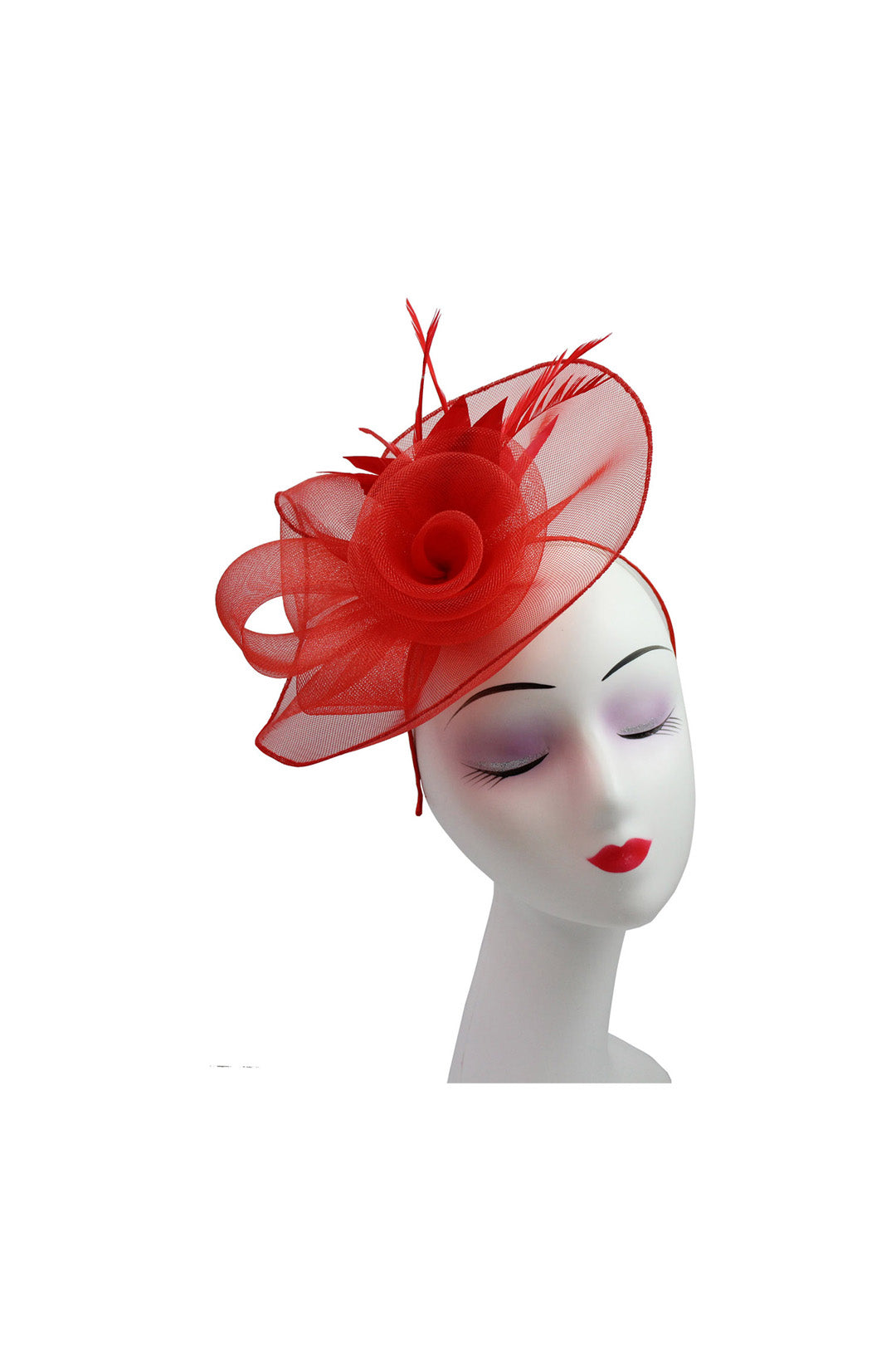 Curly Sinamay Fascinator with Feather Flower Red