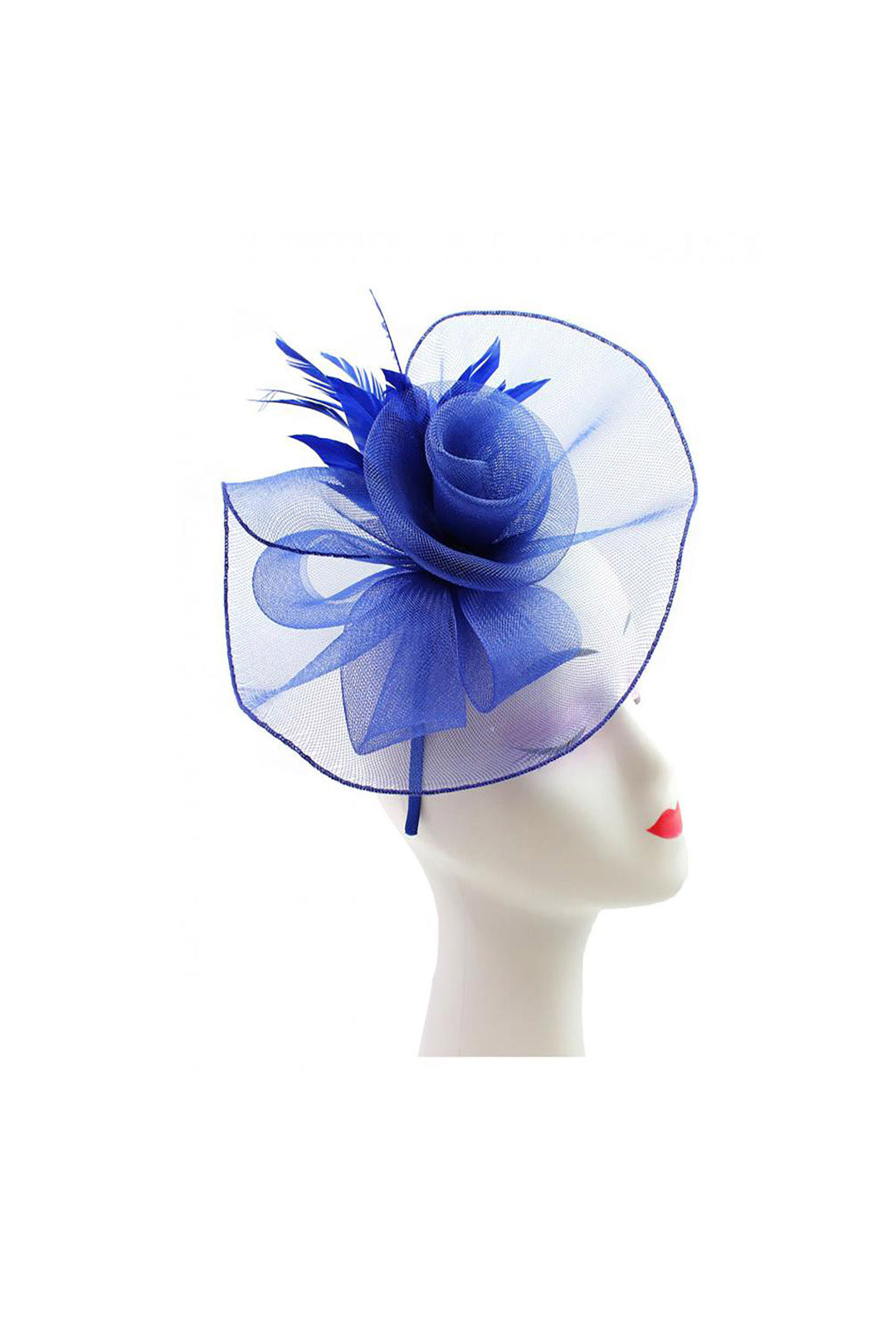 Curly Sinamay Fascinator with Feather Flower Royal Blue