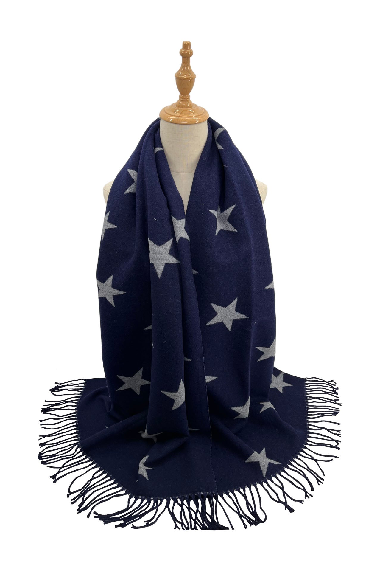 Reversible Wool-Blend Scarf – Star Print with Tassel Trim