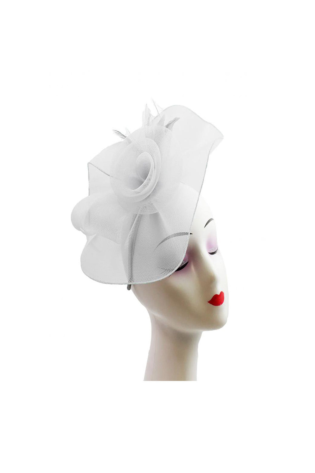 Curly Sinamay Fascinator with Feather Flower White