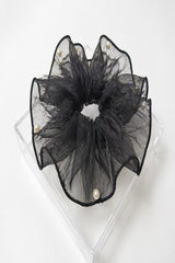 Pearl Organza Hair Scrunchie – Oversized Sheer Ruffle Ponytail Holder Elegant Hair Accessory