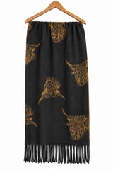 Women’s Highland Cow Print Reversible Scarf with Tassel Fringe