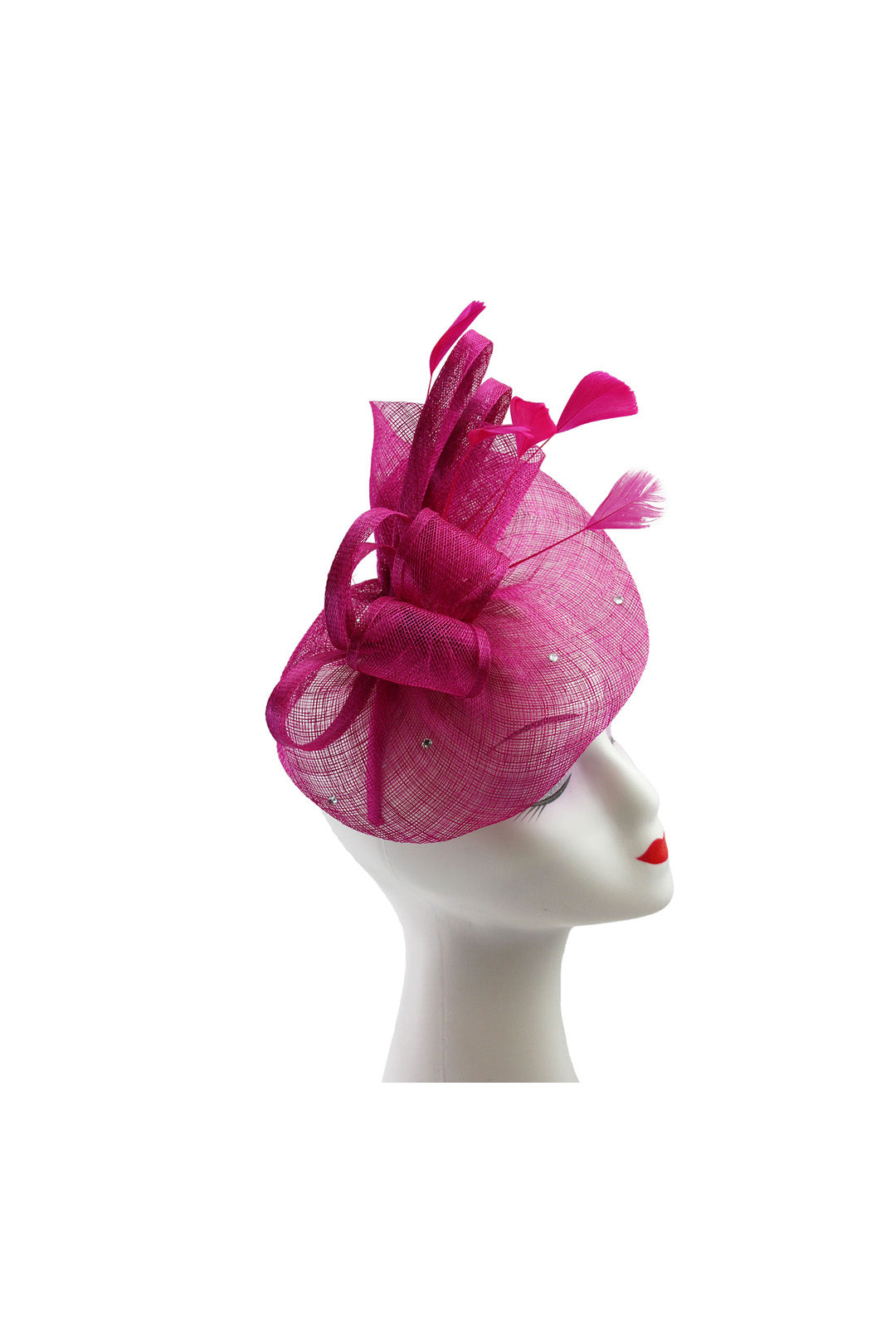Curled Sinamay Bow Fascinator with Feather Trim Diamonds Fuchsia
