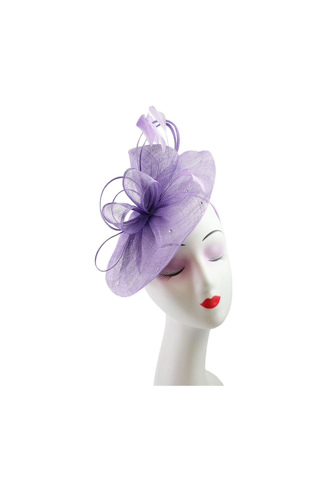 Curled Sinamay Bow Fascinator with Feather Trim Diamonds Light Purple