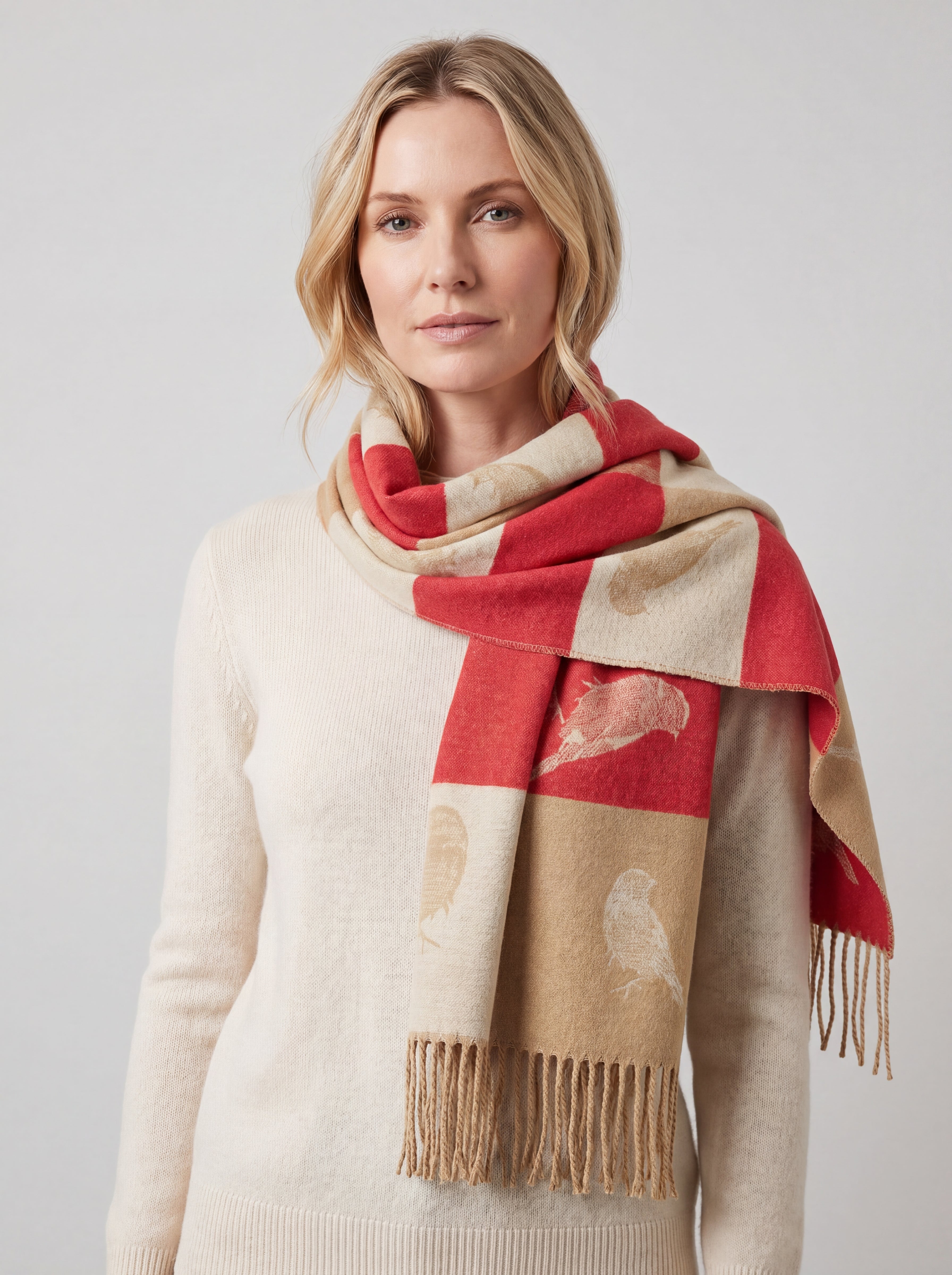 Bird Pattern Viscose Wool Blend Scarf