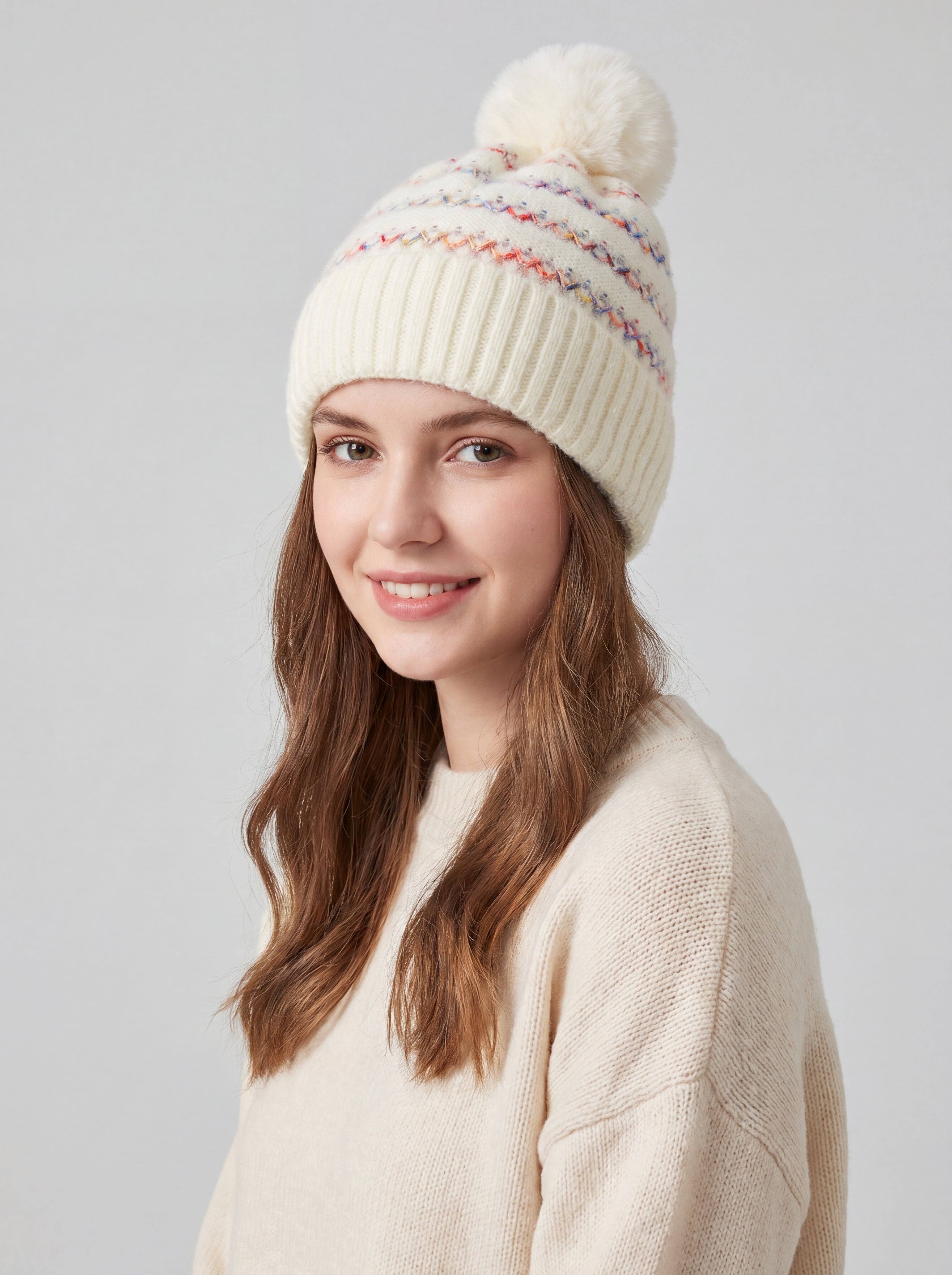 Pom Pom Hat with Colourful Cross Stitch Detail