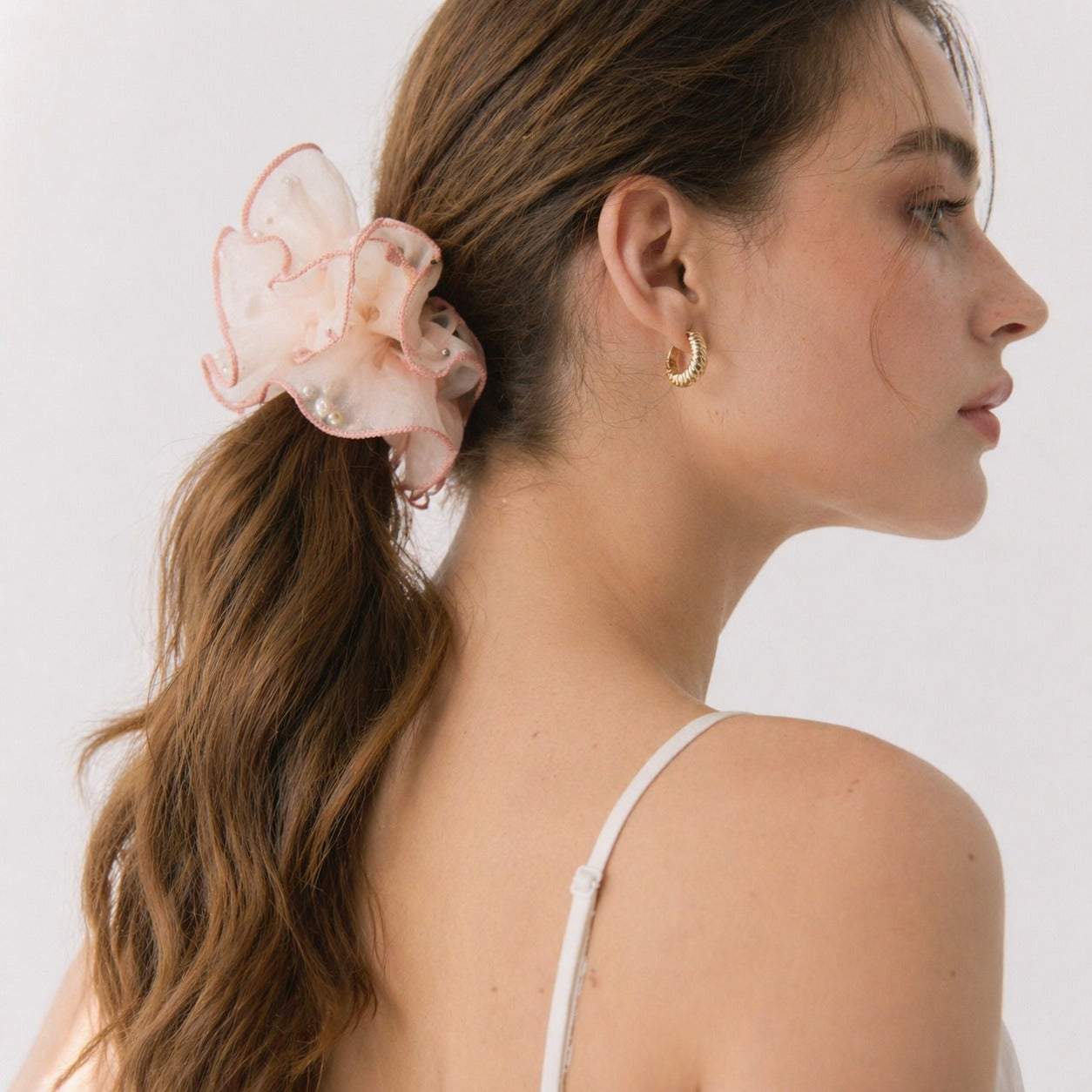 Pearl Organza Hair Scrunchie – Oversized Sheer Ruffle Ponytail Holder Elegant Hair Accessory