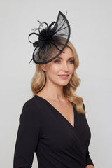 Gauze Teardrop Bass Fascinator with Flower and Curled Feathers