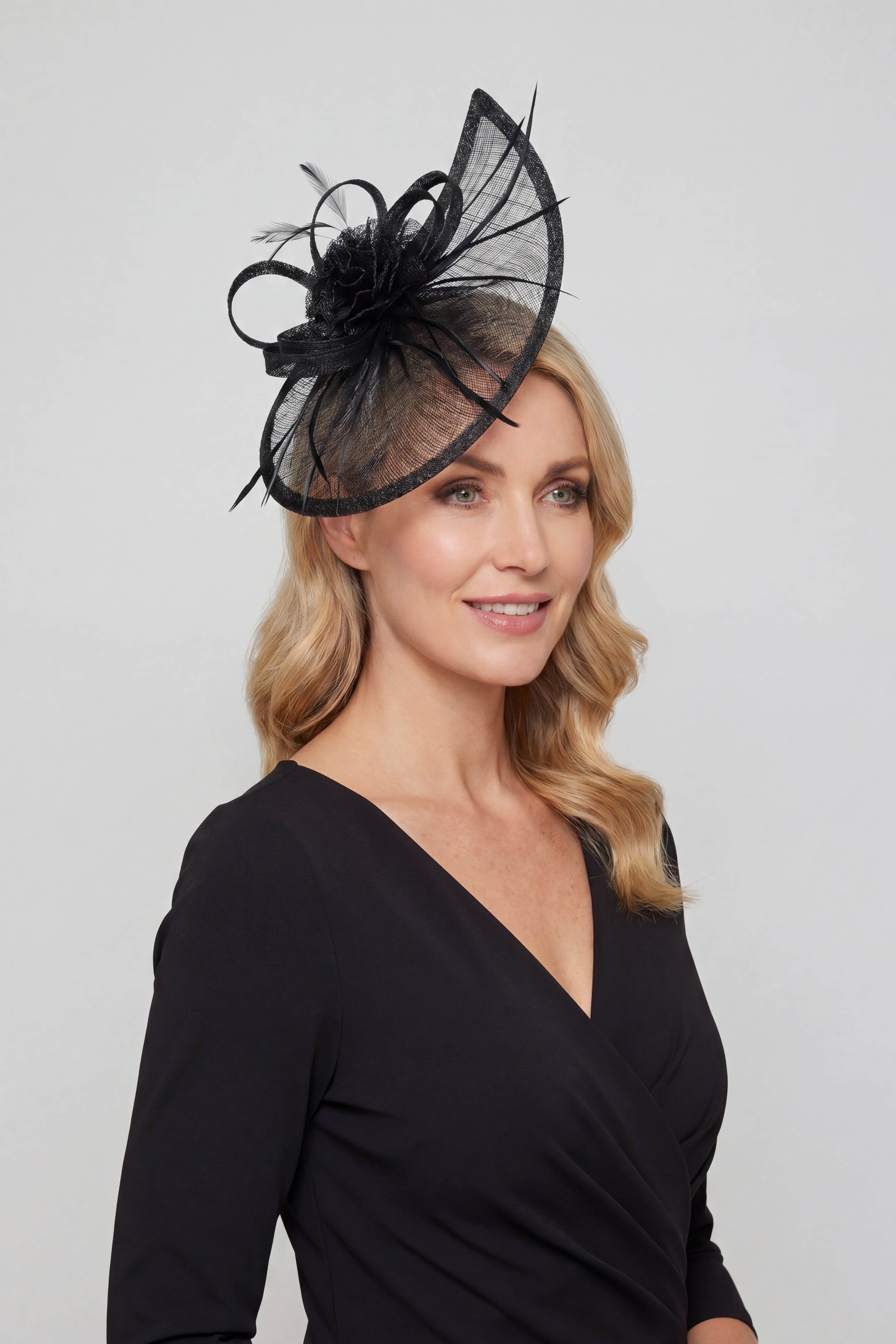 Gauze Teardrop Bass Fascinator with Flower and Curled Feathers