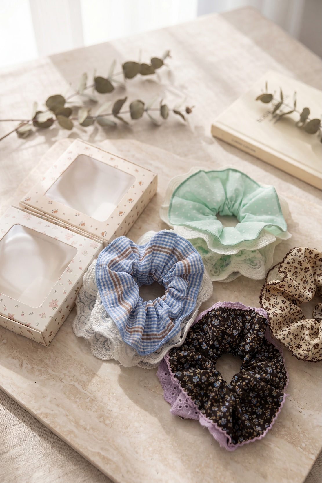 4Pics Vintage Gingham Lace Hair Scrunchie Oversized With Box