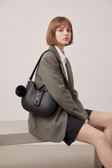 Women’s Curved Shoulder Bag with Pom Pom & Crossbody Strap