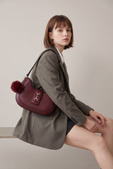 Women’s Curved Shoulder Bag with Pom Pom & Crossbody Strap