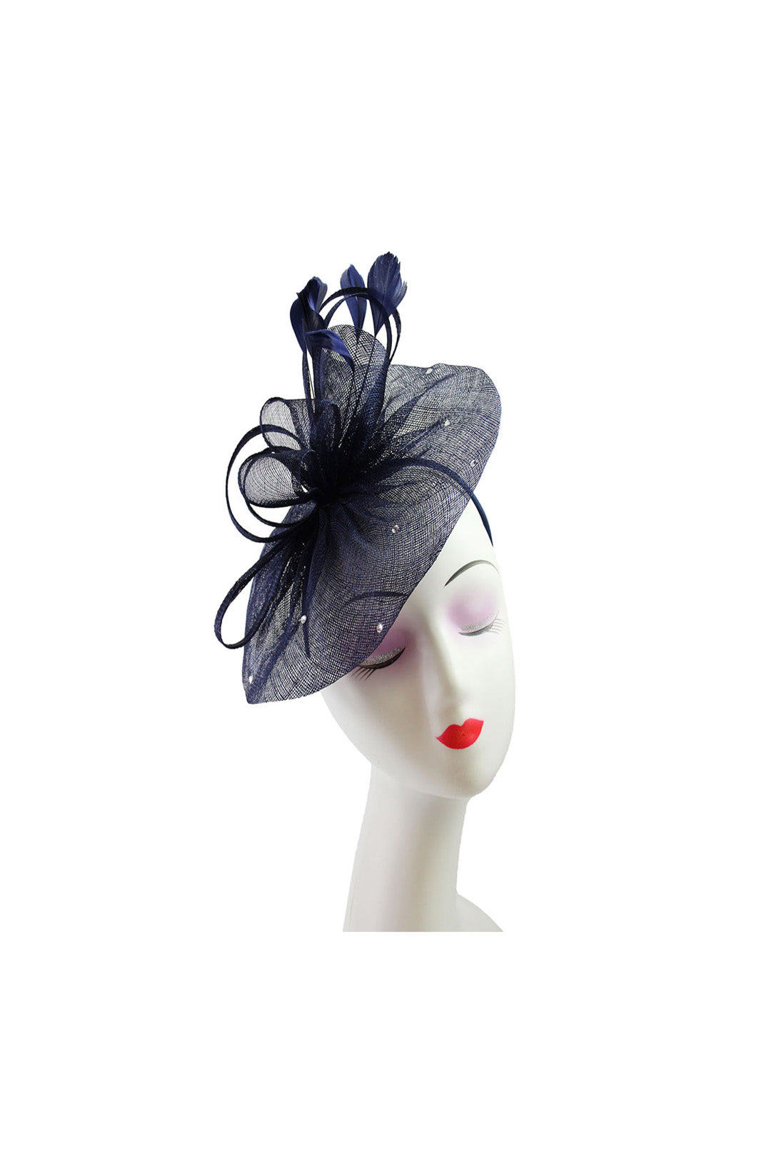 Curled Sinamay Bow Fascinator with Feather Trim Diamonds Navy