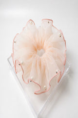 Pearl Organza Hair Scrunchie – Oversized Sheer Ruffle Ponytail Holder Elegant Hair Accessory