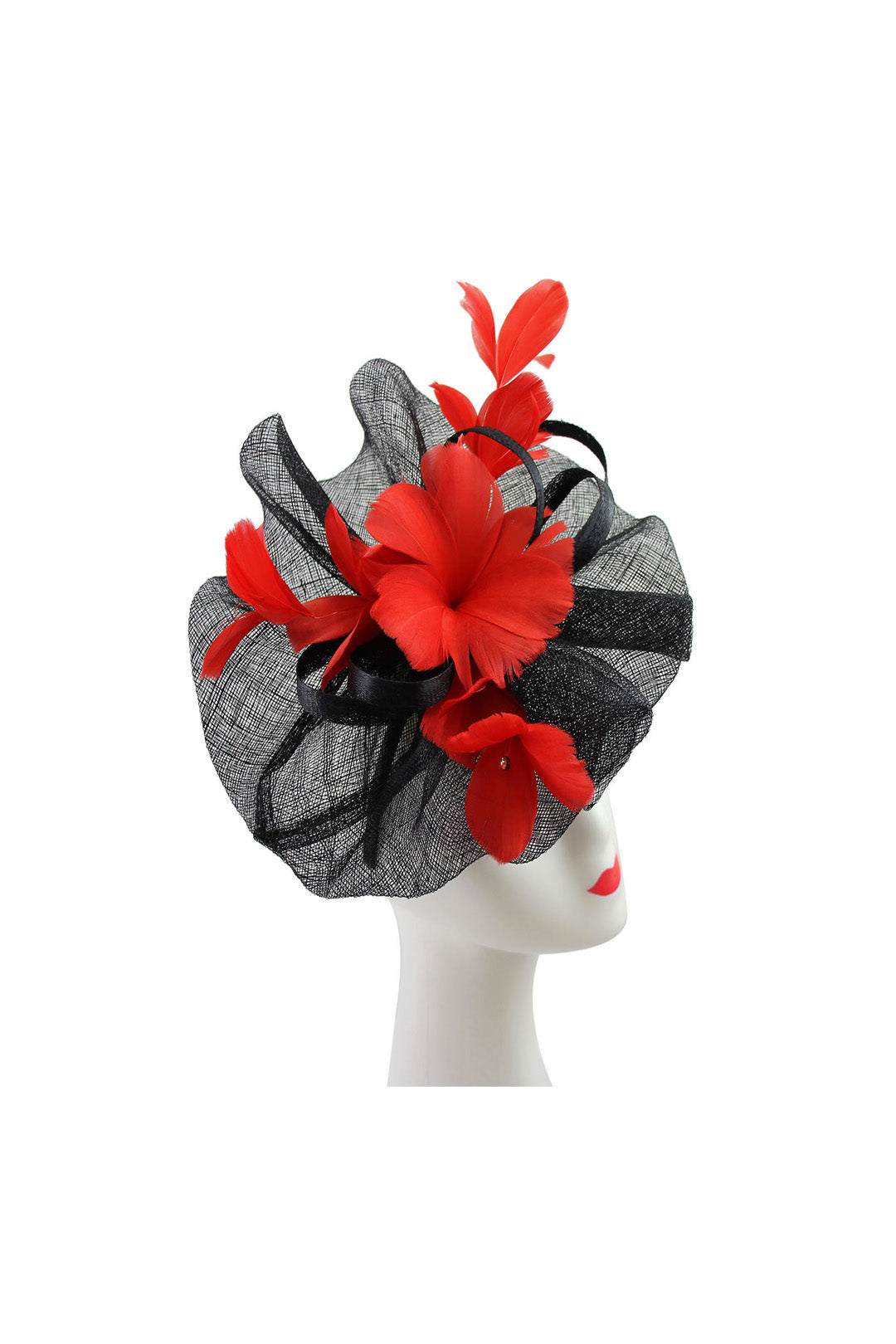 Mesh Fascinator with Feather Flower Detail Red