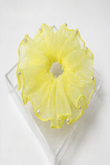 Pearl Organza Hair Scrunchie – Oversized Sheer Ruffle Ponytail Holder Elegant Hair Accessory